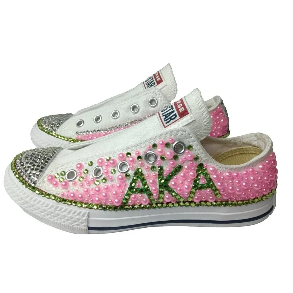 Alpha Kappa Alpha Bling Sneakers Custom Converse Beads Rhinestones Girls Sz 13